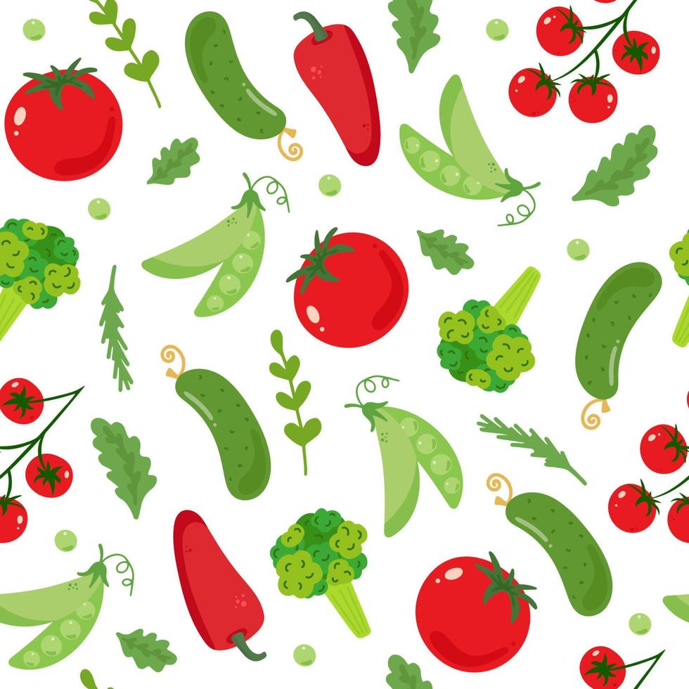 Vegetable seamless pattern. Healthy food background. Tomato, bell pepper, broccoli, cherry tomato and green peas. Organic, fresh, delicious vegetables. Flat vector illustration