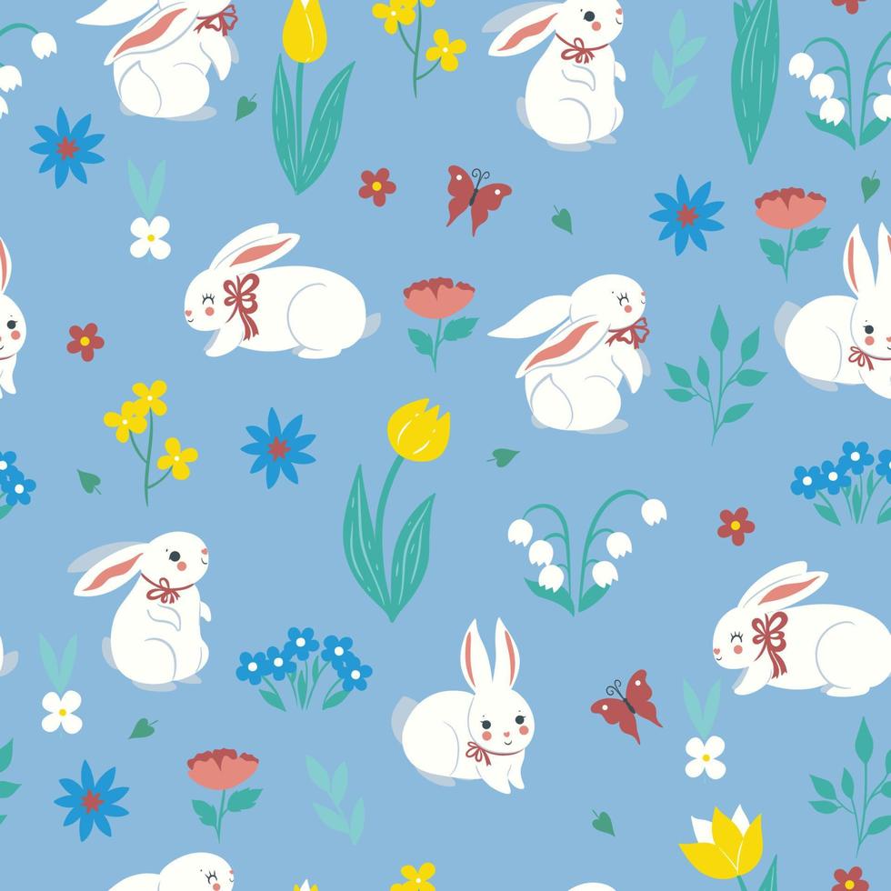 Seamless pattern with cute spring rabbits and flowers. Vector graphics.