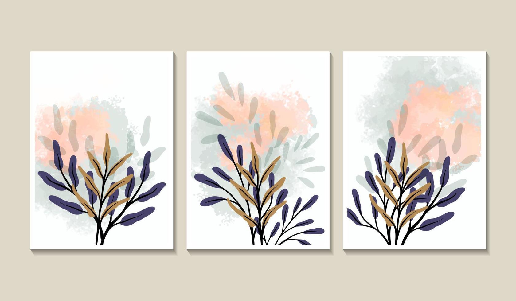 estampado de lujo en azul marino y dorado con plantas y salpicaduras de tinta. fondo de arte botánico para decoración vector