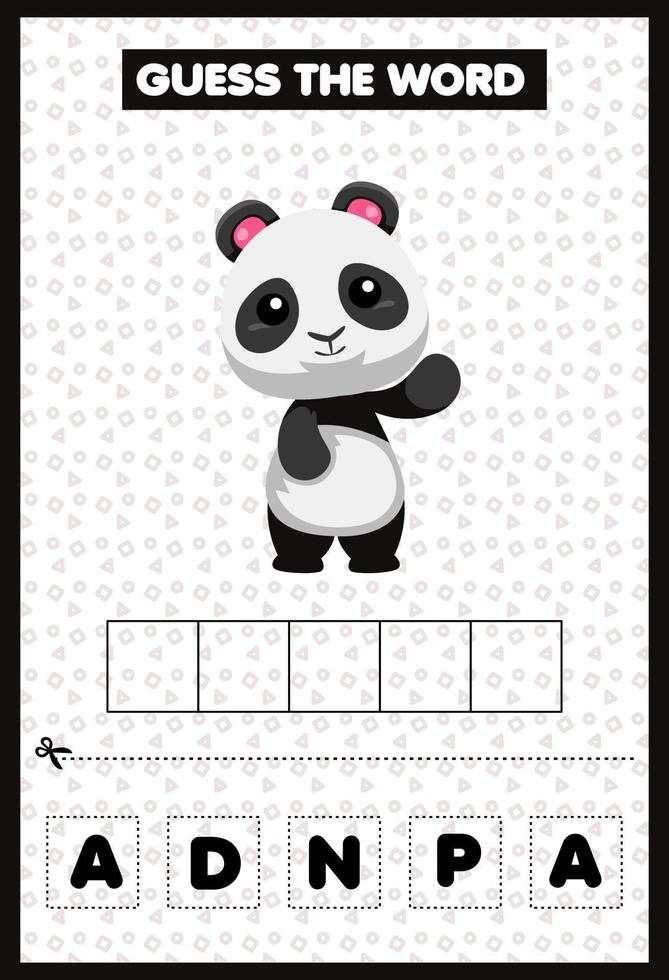 juego educativo para niños adivinar las letras de las palabras practicando lindo panda de dibujos animados vector