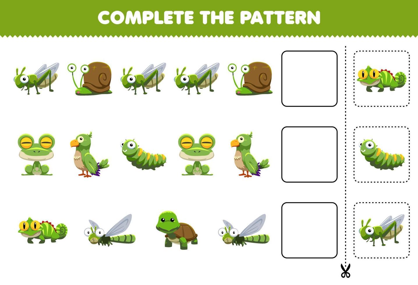 el juego educativo para niños completa el patrón de pensamiento lógico, encuentra la regularidad y continúa la tarea de la fila con un lindo personaje de animal verde vector