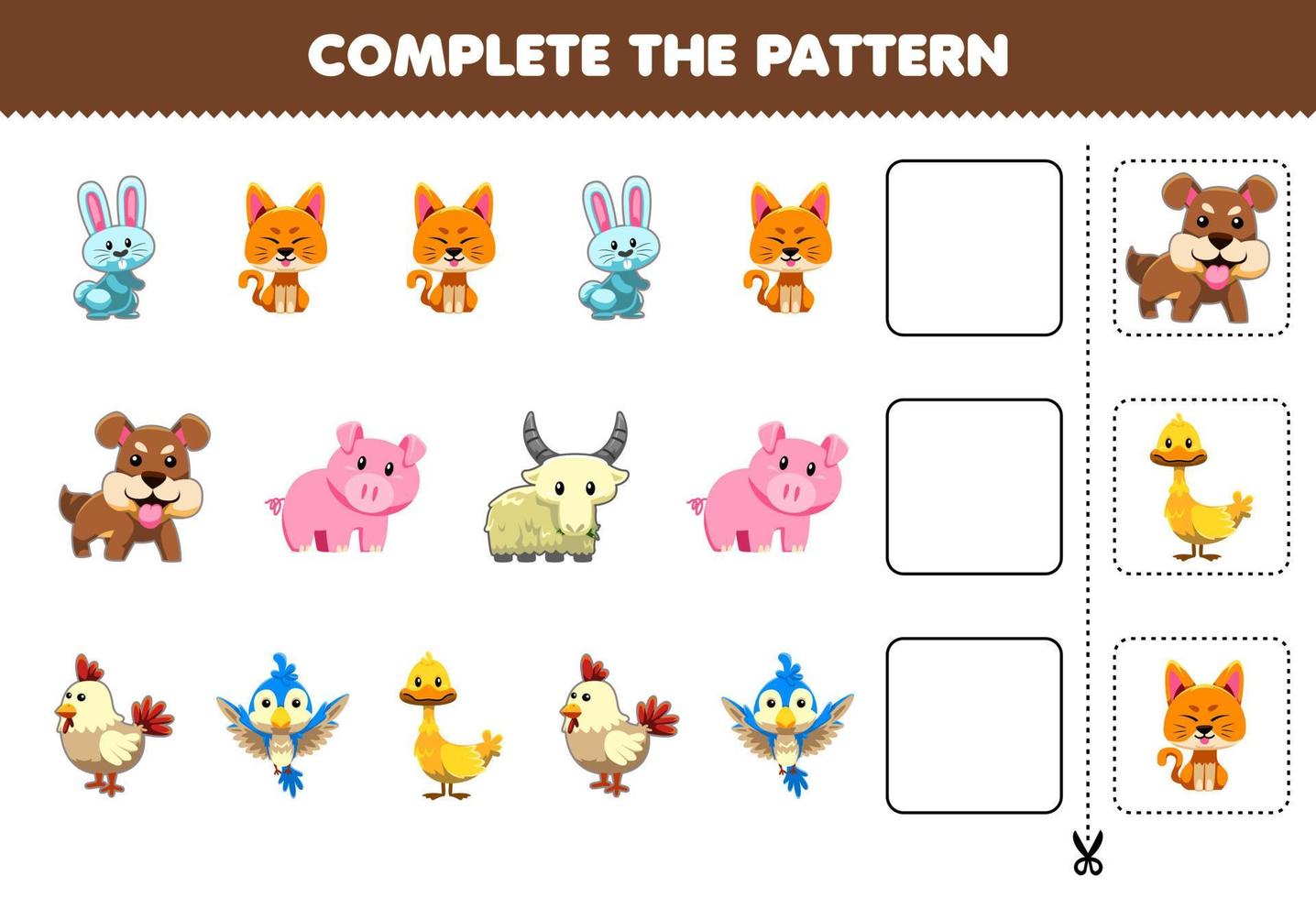 el juego educativo para niños completa el patrón de pensamiento lógico, encuentra la regularidad y continúa la tarea de la fila con un lindo personaje de animal de granja vector