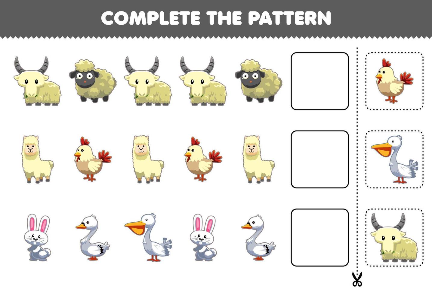 el juego educativo para niños completa el patrón de pensamiento lógico, encuentra la regularidad y continúa la tarea de la fila con un lindo personaje de animal blanco vector