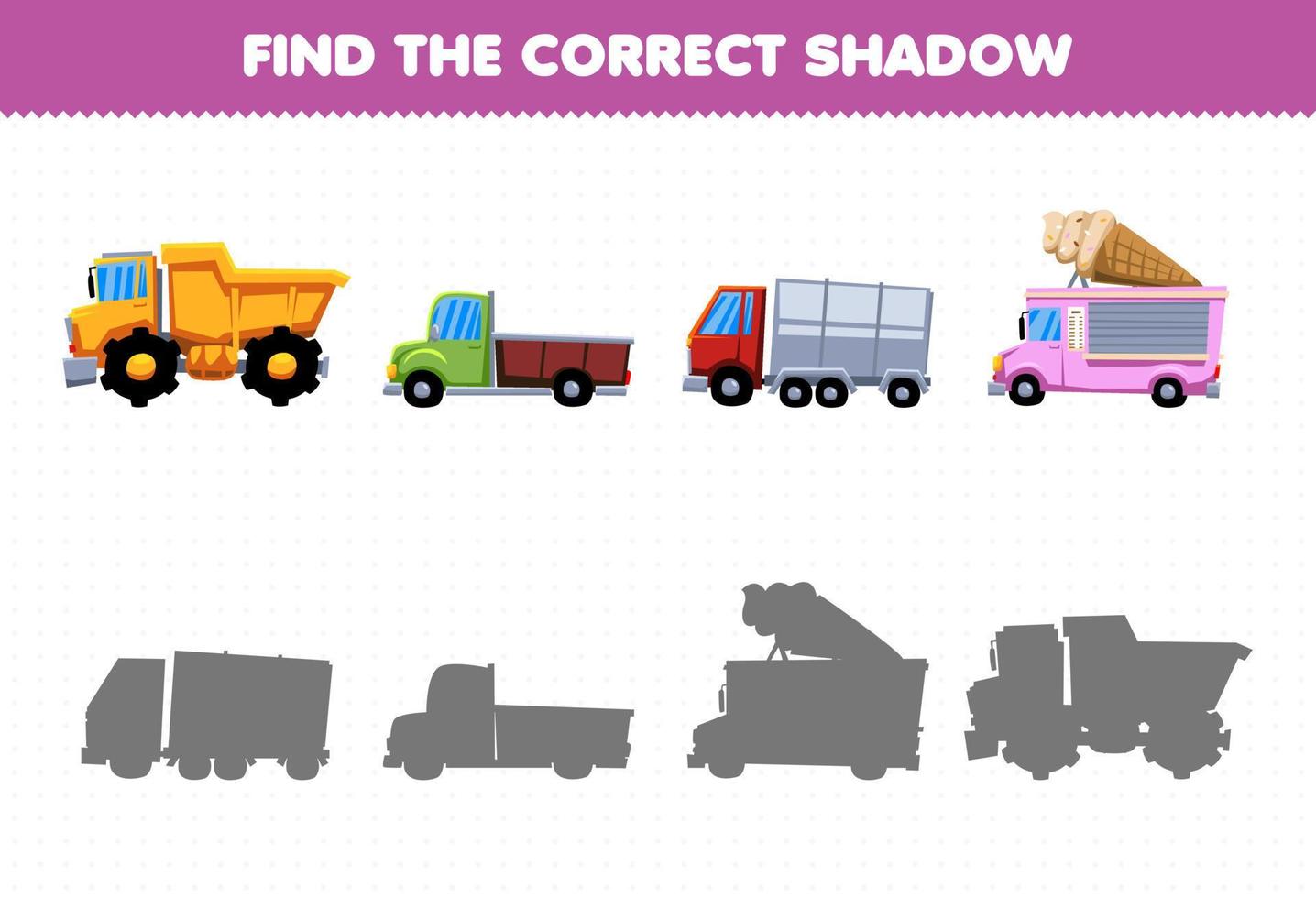 Education game for children find the correct shadow set of truck transportation vector