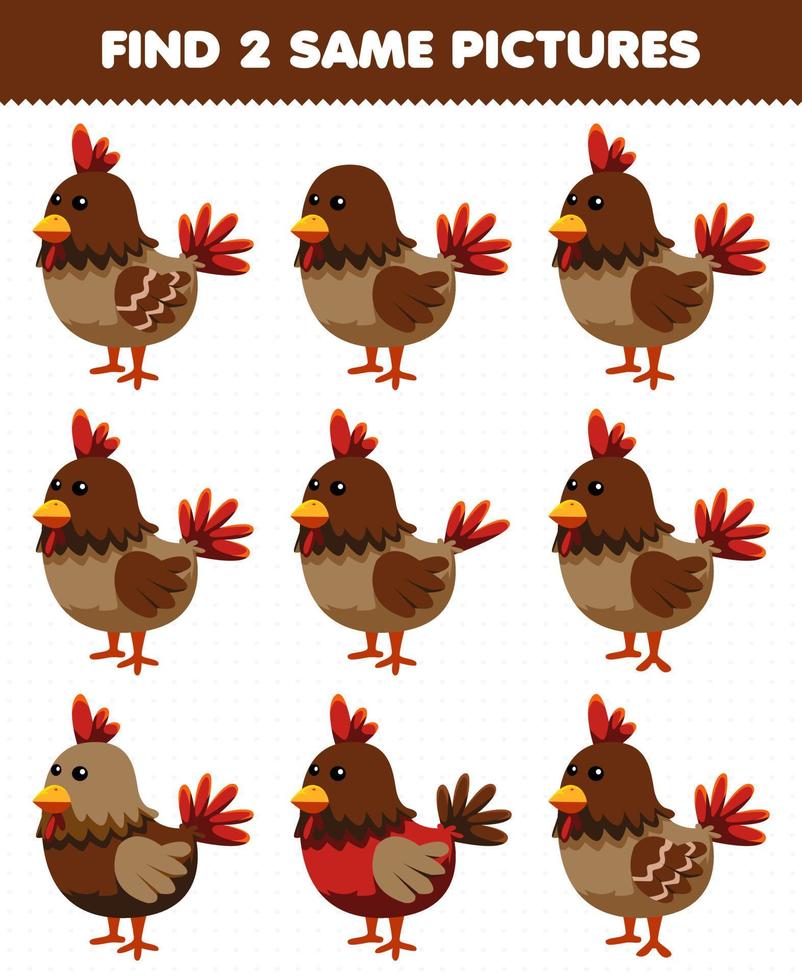 Education game for children find two same pictures cute chicken vector