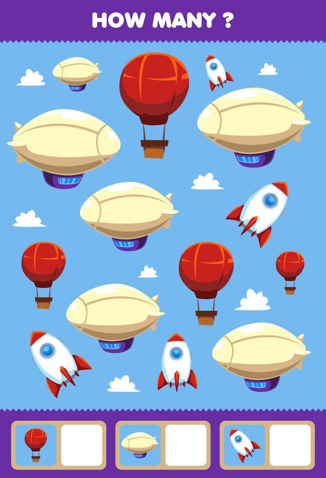 Education game for children searching and counting activity for preschool how many air transportation balloon rocket zeppelin vector