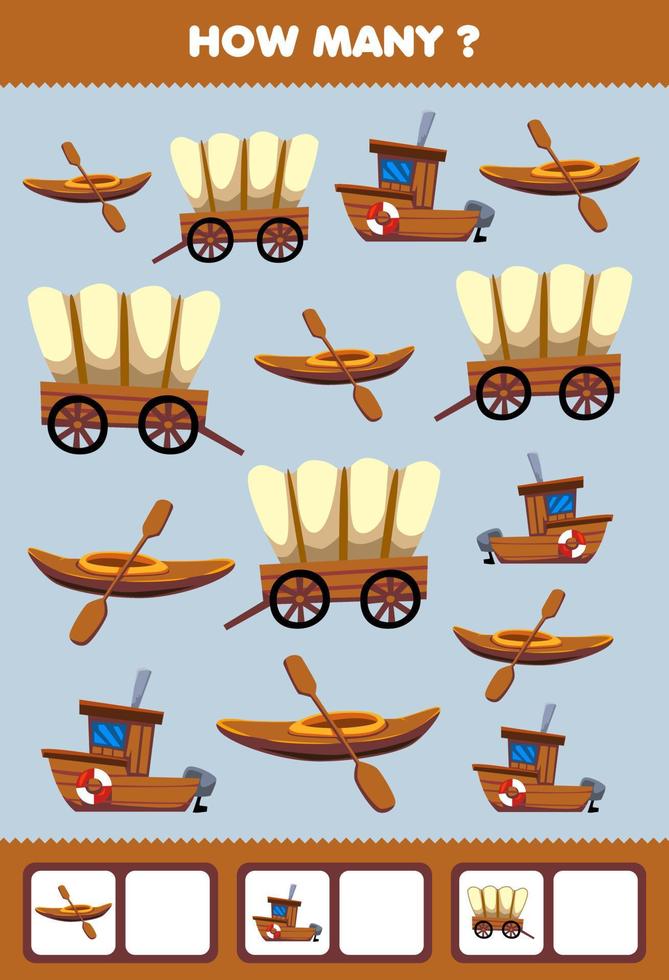 juego educativo para niños buscando y contando actividad para preescolar cuántos barcos de transporte de madera vagón de kayak vector