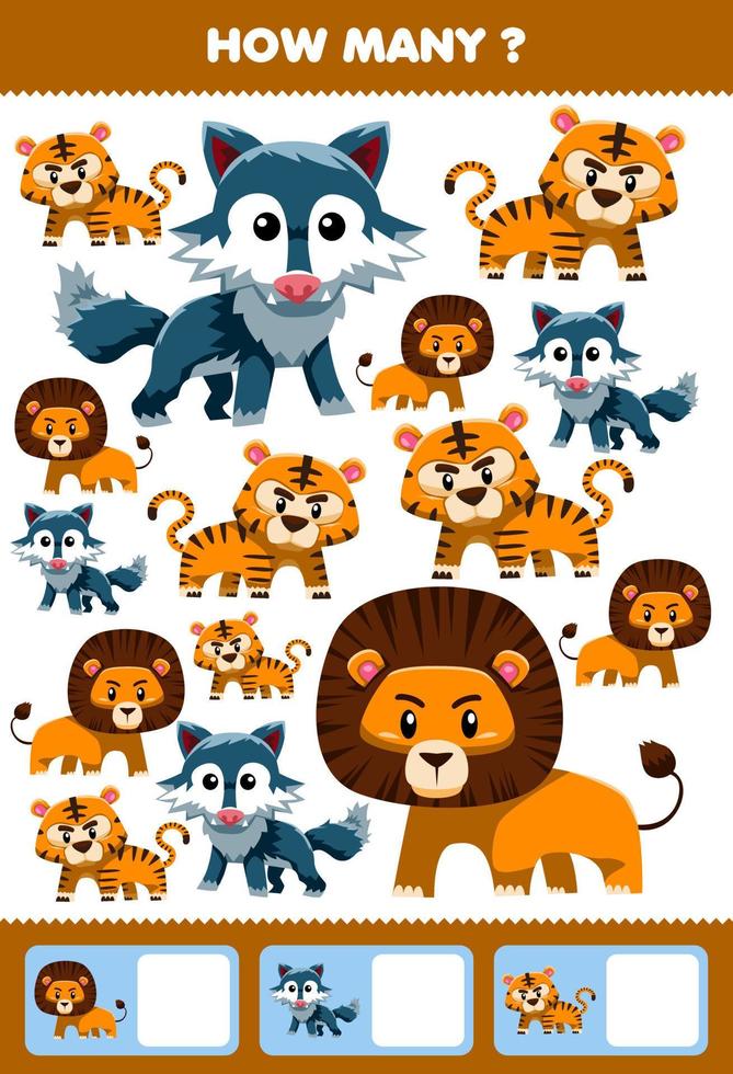 juego educativo para niños buscando y contando actividad para preescolar cuántos animales carnívoros lindos león tigre lobo vector