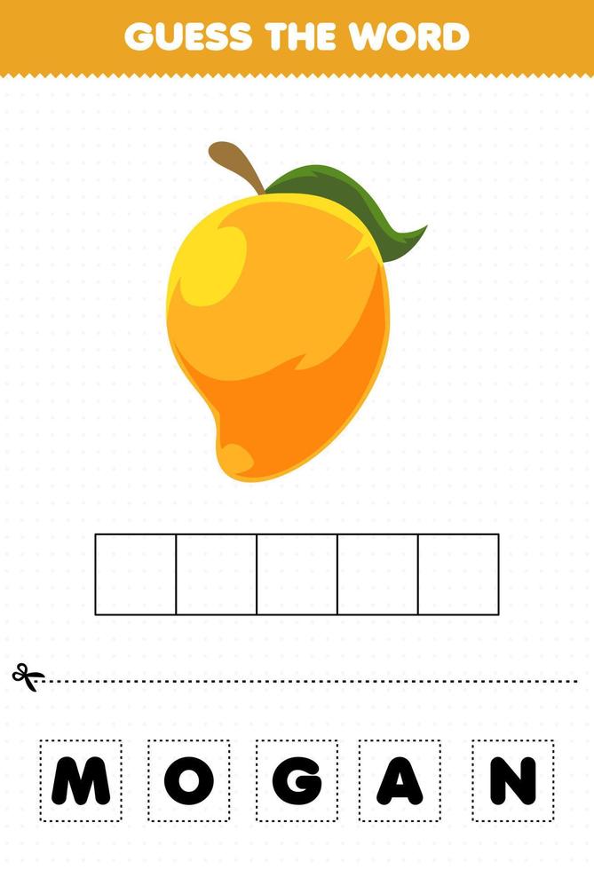 Education game for children guess the word letters practicing cute fruit mango vector