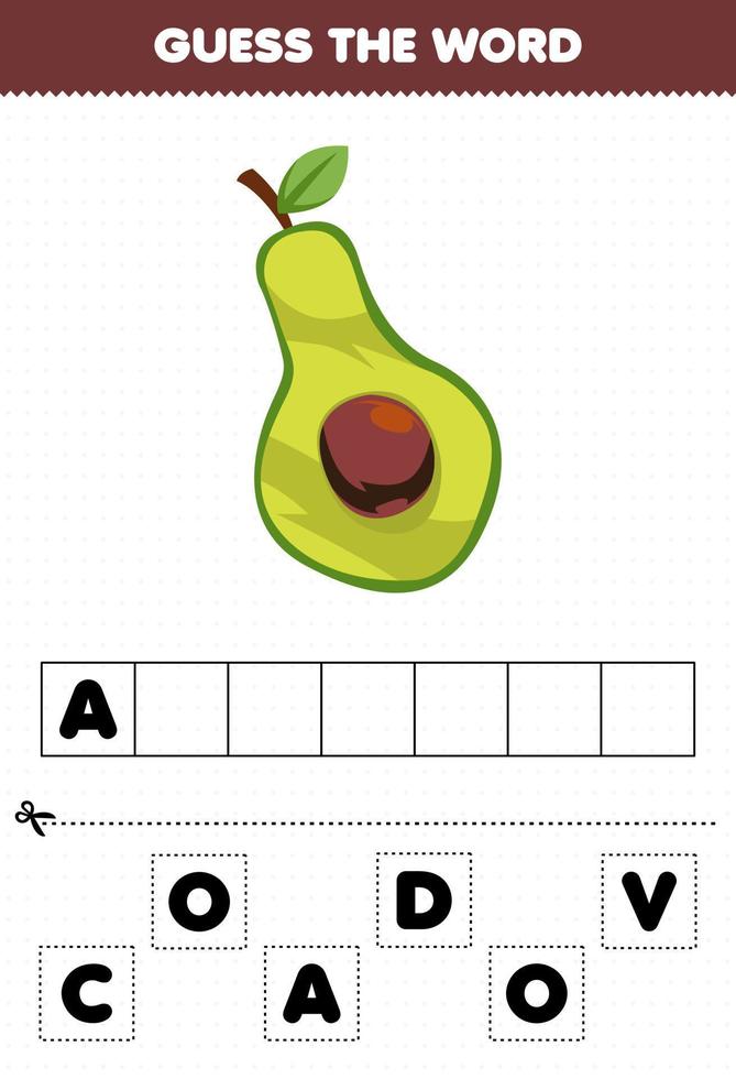 juego educativo para niños adivinar las letras de la palabra practicando fruta linda aguacate vector