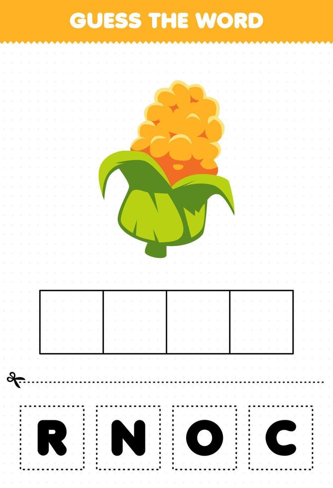 Education game for children guess the word letters practicing cute vegetable corn vector