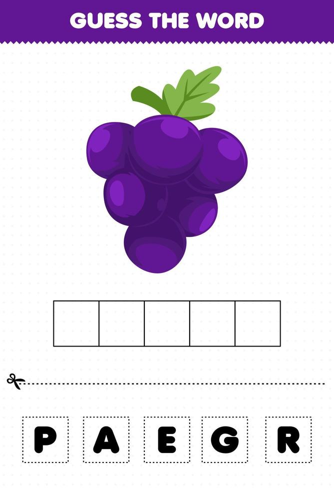 Education game for children guess the word letters practicing cute fruit grape vector