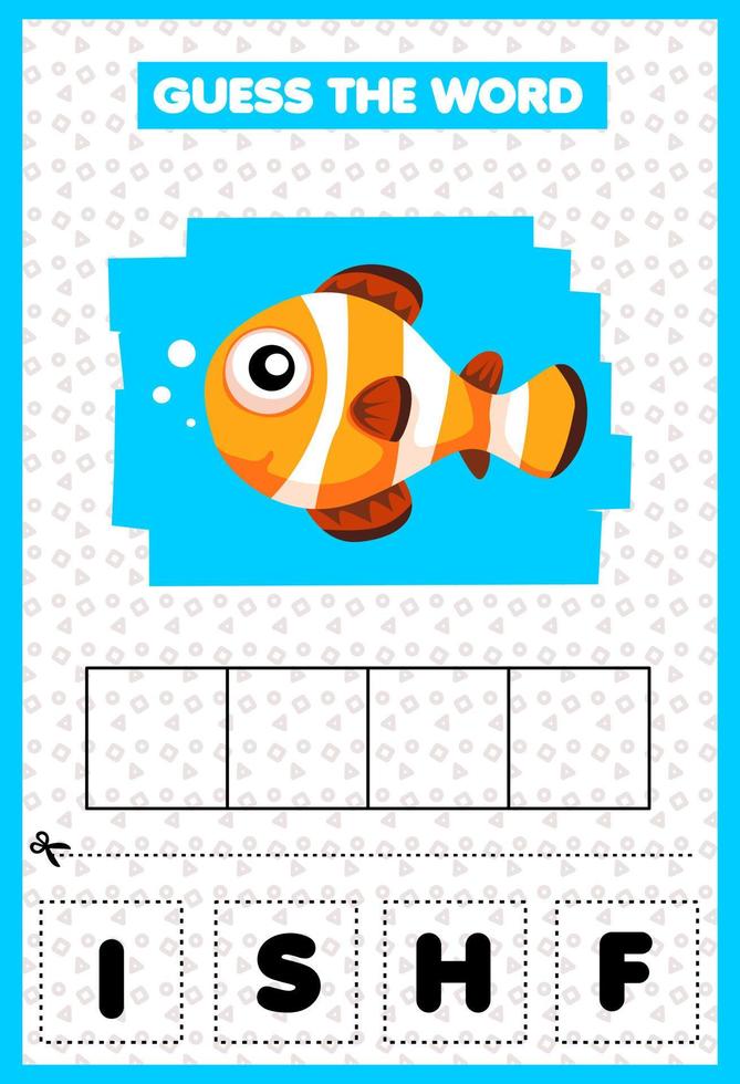 Education game for children guess the word letters practicing cute cartoon fish vector