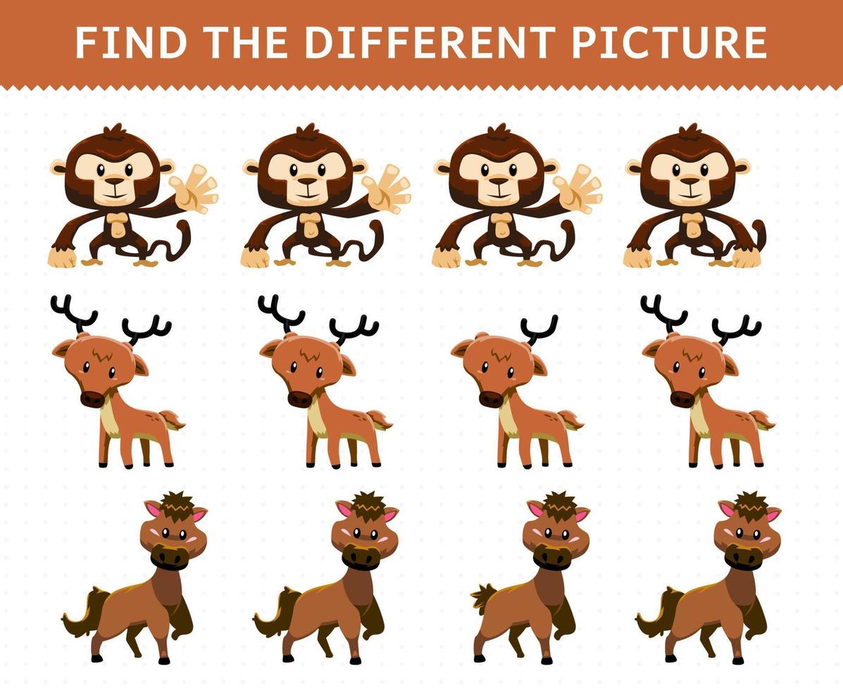 Education game for children find the different picture in each row cute cartoon monkey deer horse vector