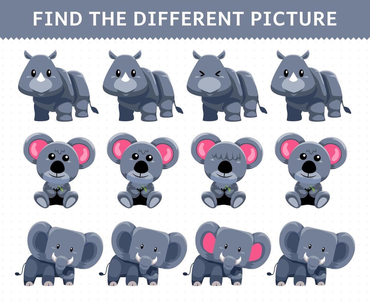 Education game for children find the different picture in each row cute cartoon rhino koala elephant vector