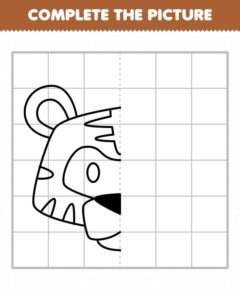 Education game for children complete the picture cute tiger head half outline for drawing vector