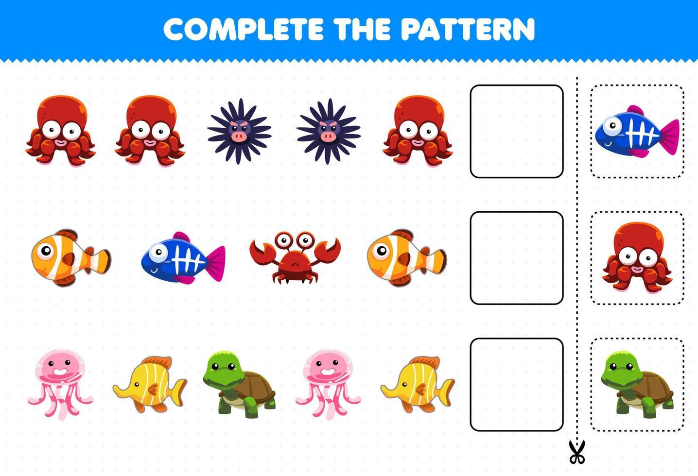 juego educativo para niños, complete el patrón de pensamiento lógico, encuentre la regularidad y continúe la tarea de la fila con un lindo personaje de animal submarino vector