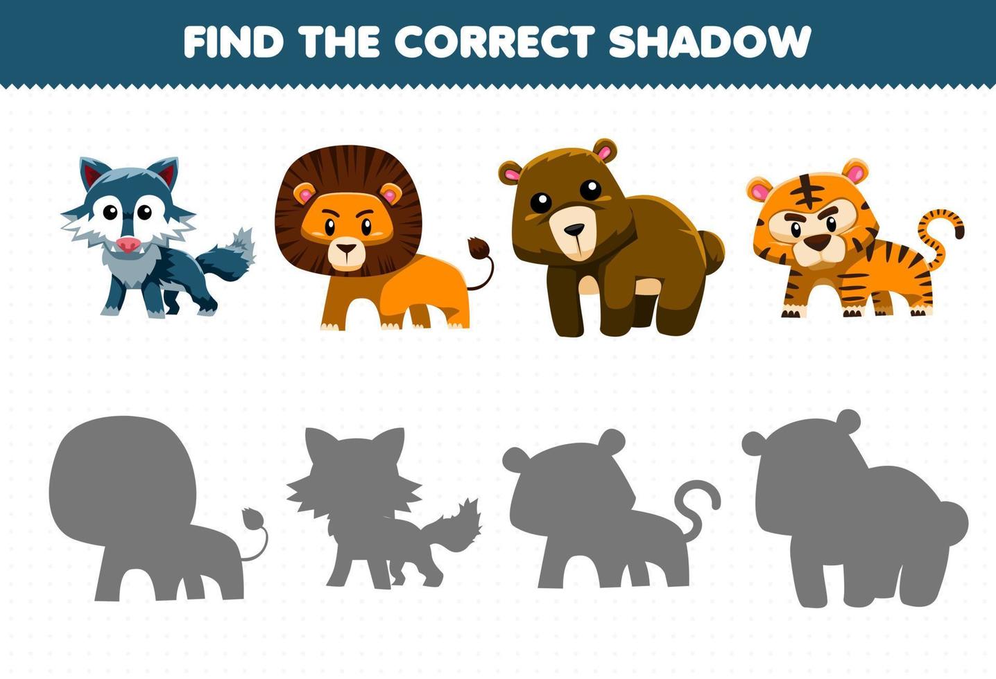 Education game for children find the correct shadow set of cute carnivore animal vector