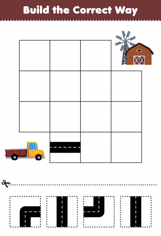 Education game for children build the correct way help pickup truck move to farm house vector