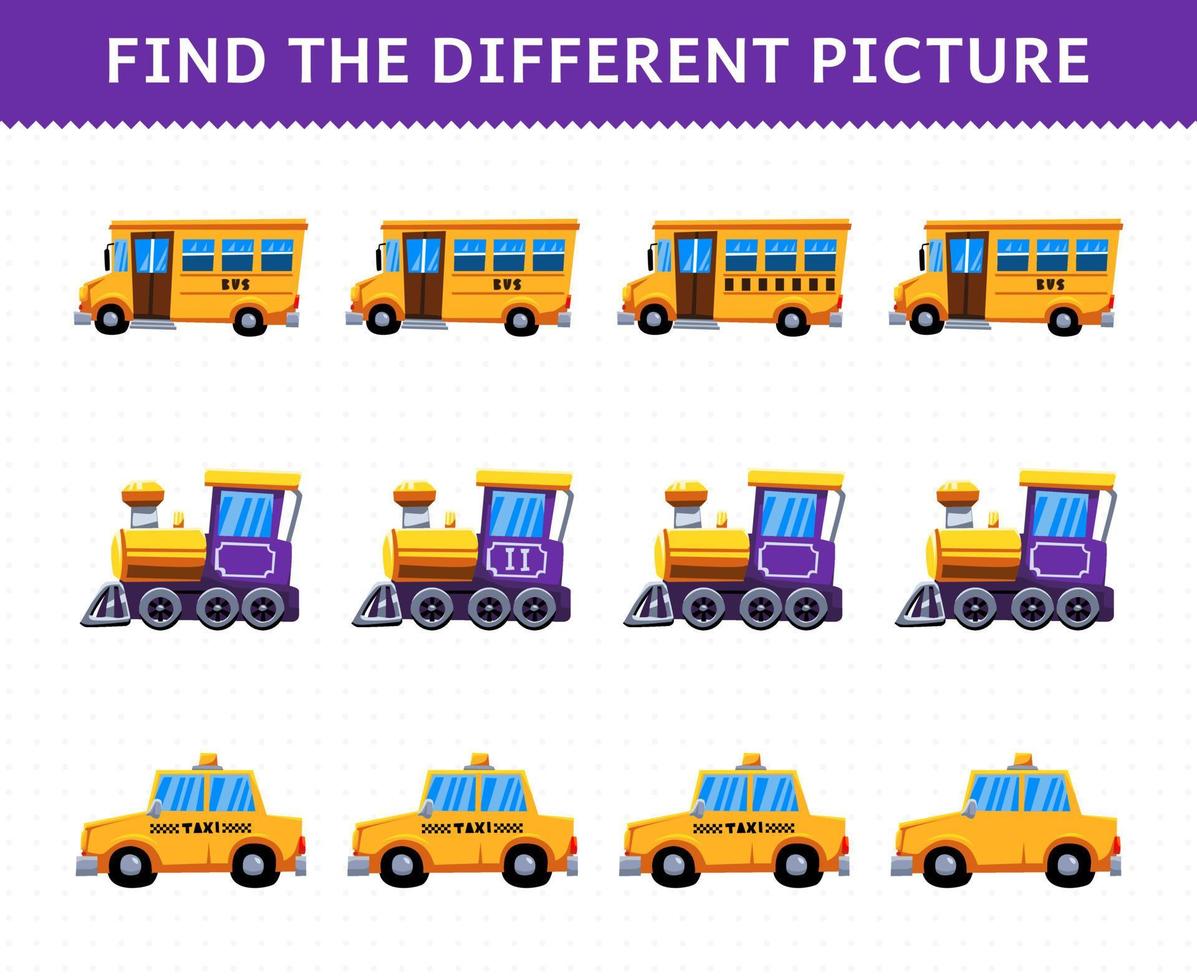 Education game for children find the different picture in each row transportation bus locomotive taxi vector