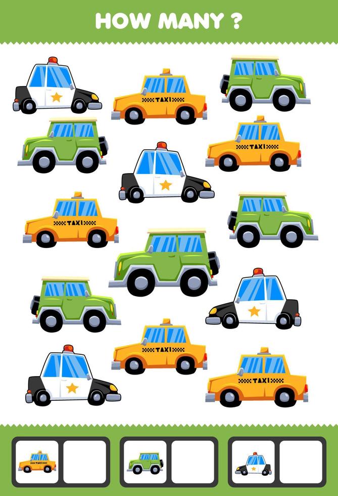 Education game for children searching and counting activity for preschool how many transportation taxi jeep police car vector