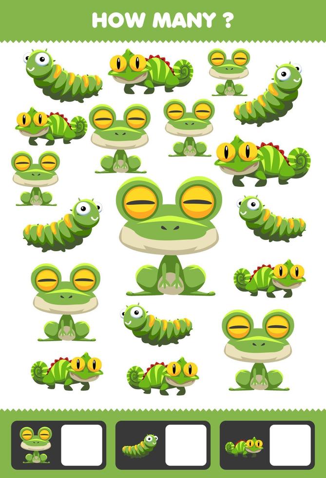 Education game for children searching and counting activity for preschool how many cute green animal frog caterpillar iguana vector