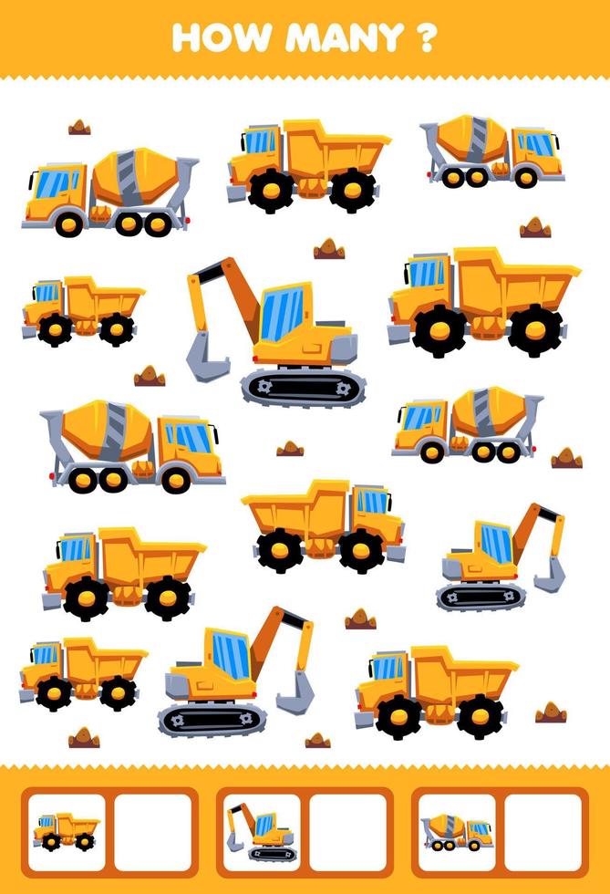 Education game for children searching and counting activity for preschool how many transportation heavy machines excavator concentrate mixer dump truck vector