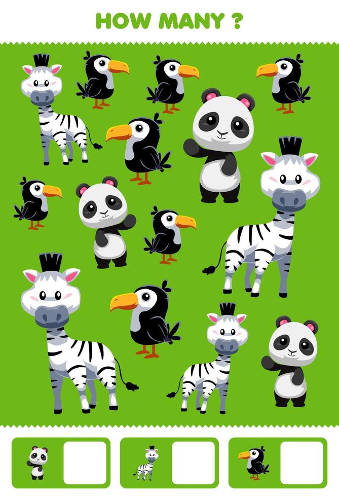 juego de educación para niños buscando y contando actividades para preescolar cuántos lindos animales en blanco y negro tucán pájaro panda cebra en fondo verde vector