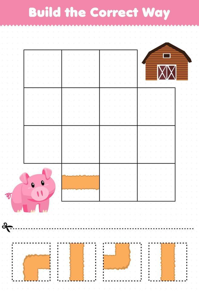 Education game for children build the correct way help cute pig move to pigsty vector