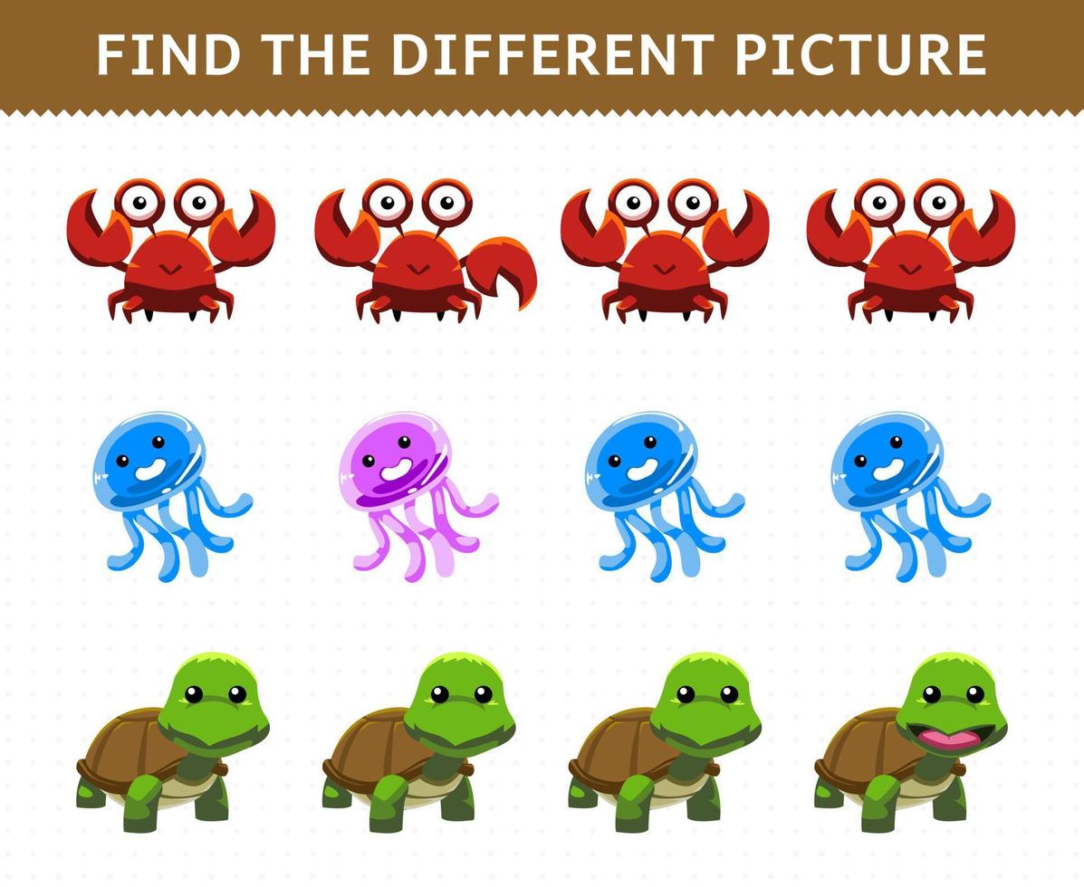 Education game for children find the different picture in each row cute cartoon crab jellyfish and turtle vector