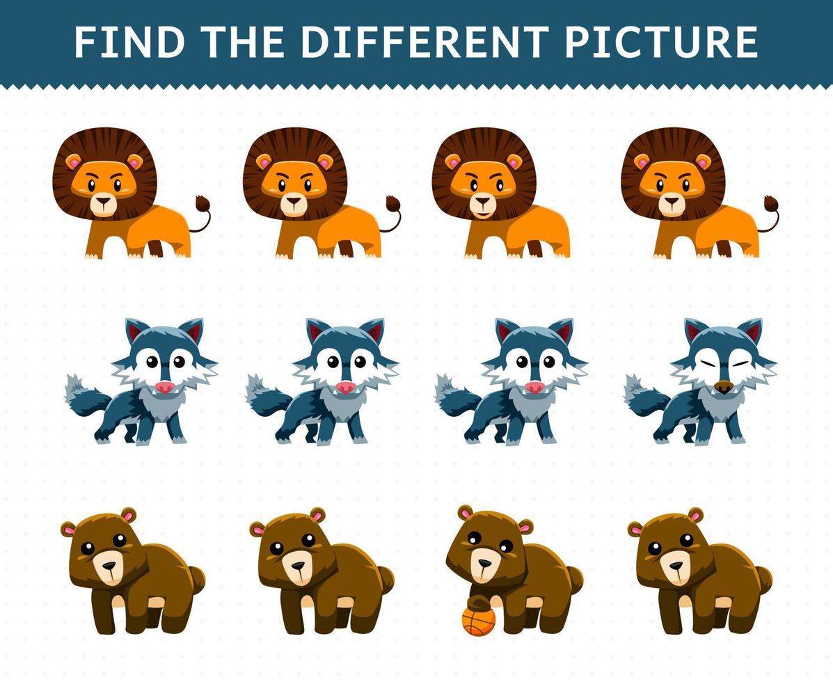 Education game for children find the different picture in each row cute cartoon lion wolf bear vector