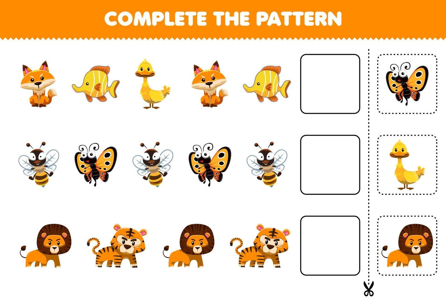 el juego educativo para niños completa el patrón de pensamiento lógico, encuentra la regularidad y continúa la tarea de la fila con un lindo personaje animal amarillo vector