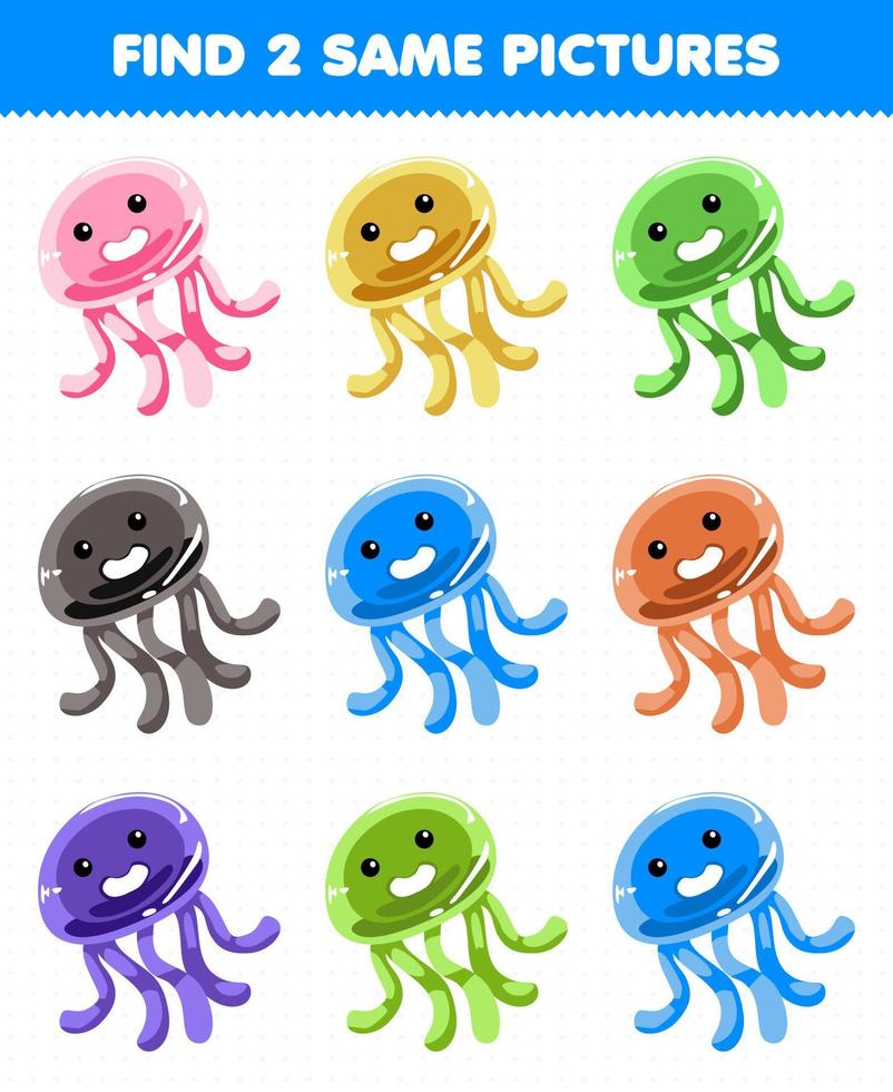 Education game for children find two same pictures cute jellyfish vector