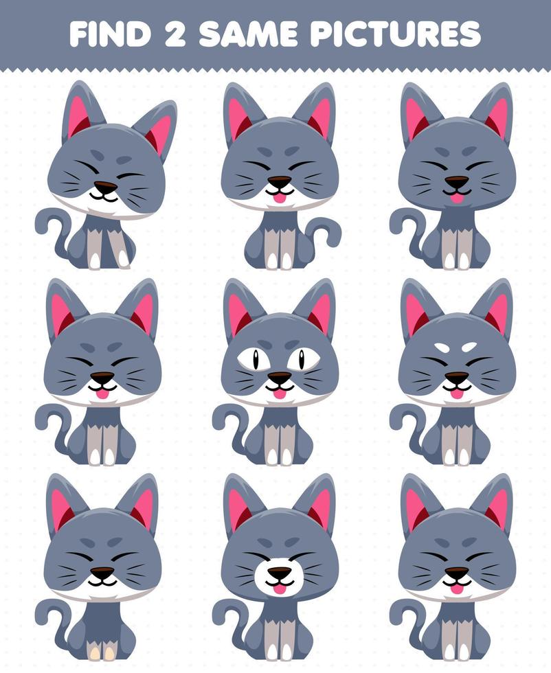 Education game for children find two same pictures cute cat vector