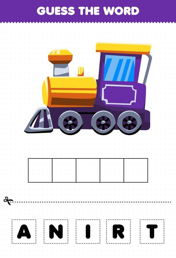 Education game for children guess the word letters practicing cute transportation train vector