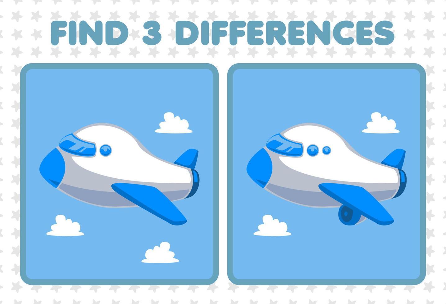 Education game for children find three differences between two cute transportation plane vector