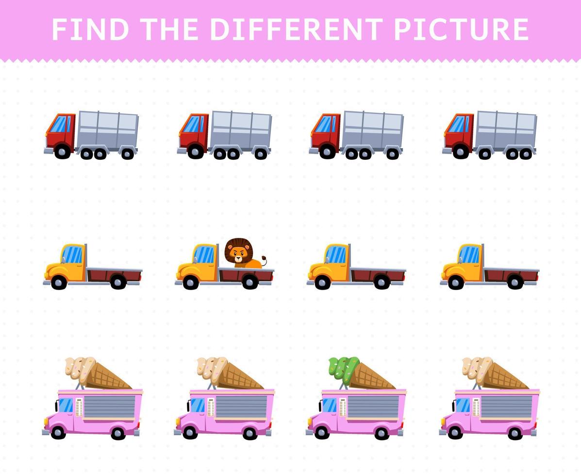 Education game for children find the different picture in each row transportation pickup ice cream truck vector
