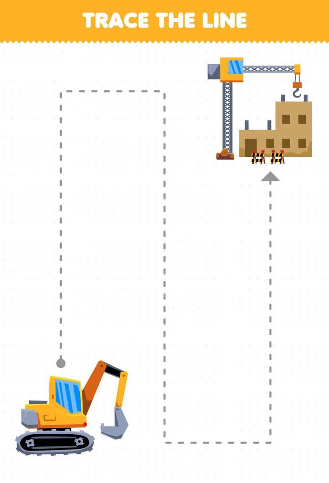 Education game for children handwriting practice trace the lines help transportation excavator move to construction site vector