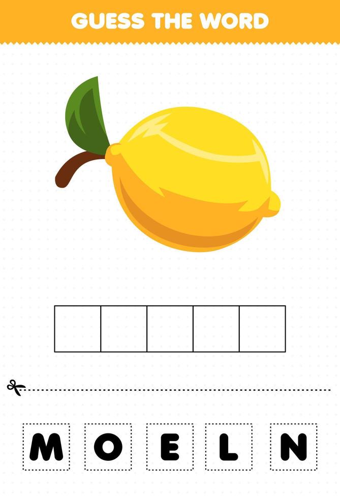 juego educativo para niños adivinar la palabra letras practicando linda fruta limón vector