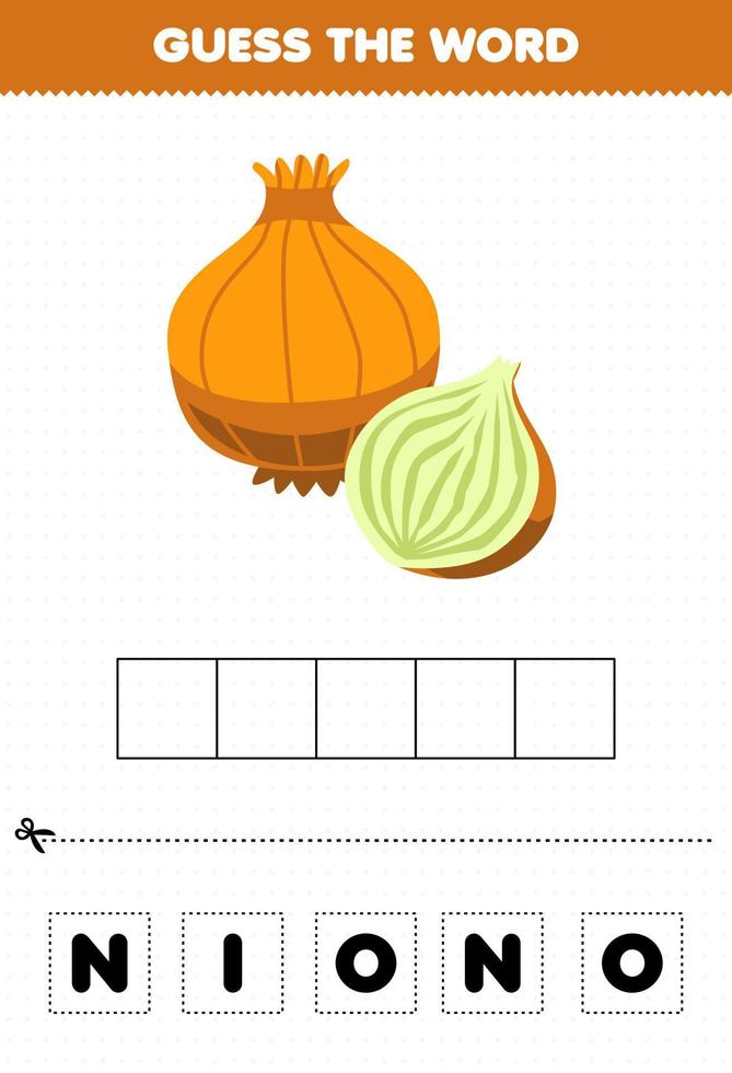 Education game for children guess the word letters practicing cute vegetable onion vector