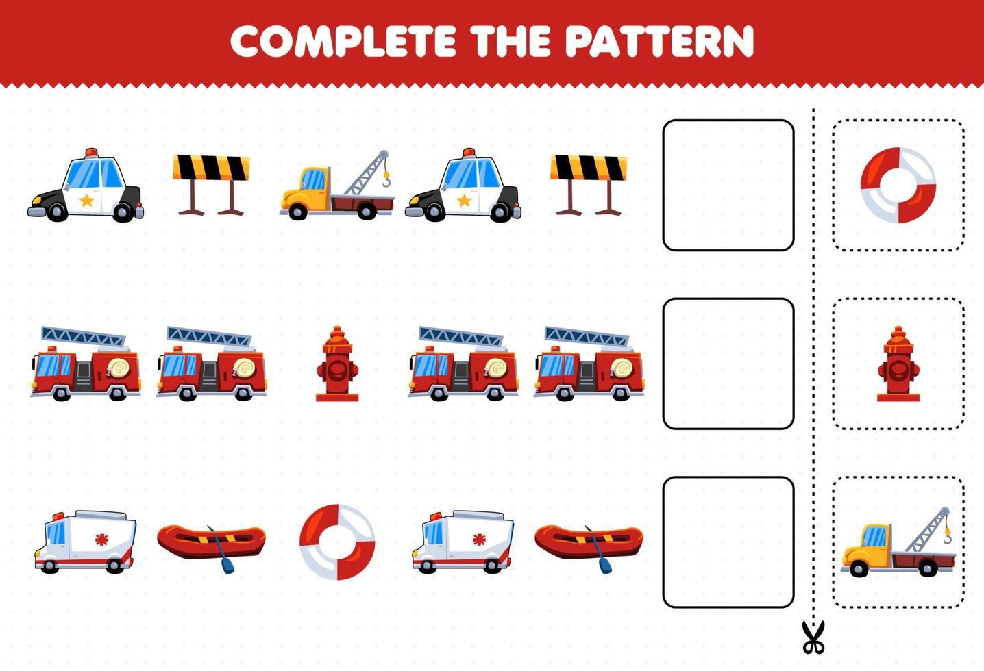 Education game for children complete the pattern logical thinking find the regularity and continue the row task with rescue transportation vector