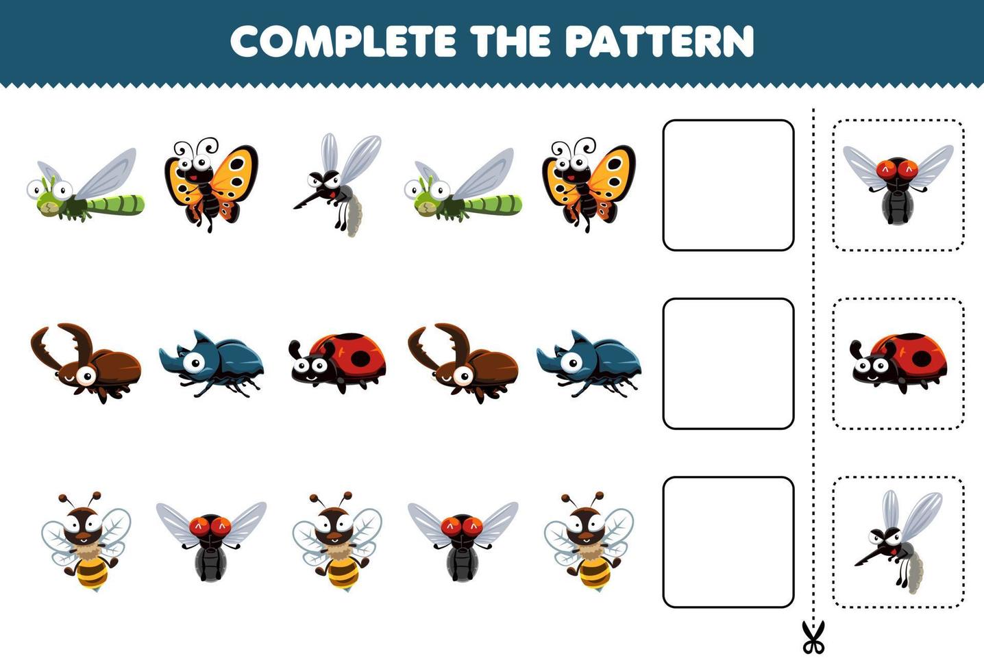 juego educativo para niños, complete el patrón de pensamiento lógico, encuentre la regularidad y continúe la tarea de la fila con un lindo personaje de insecto vector