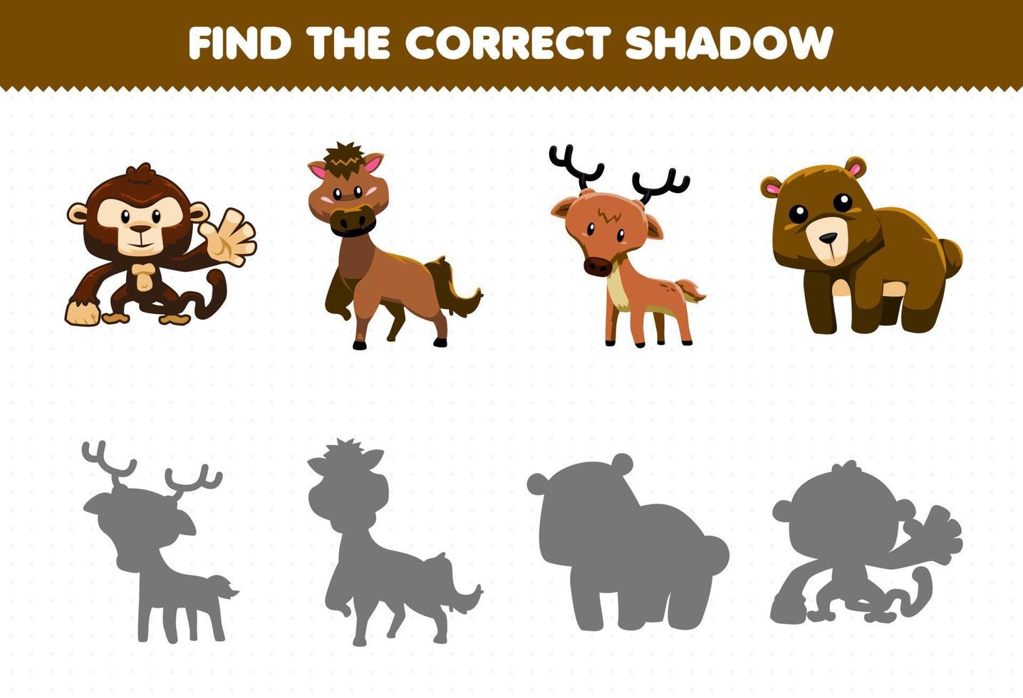 juego educativo para niños encuentra el juego de sombras correcto de lindo animal marrón vector
