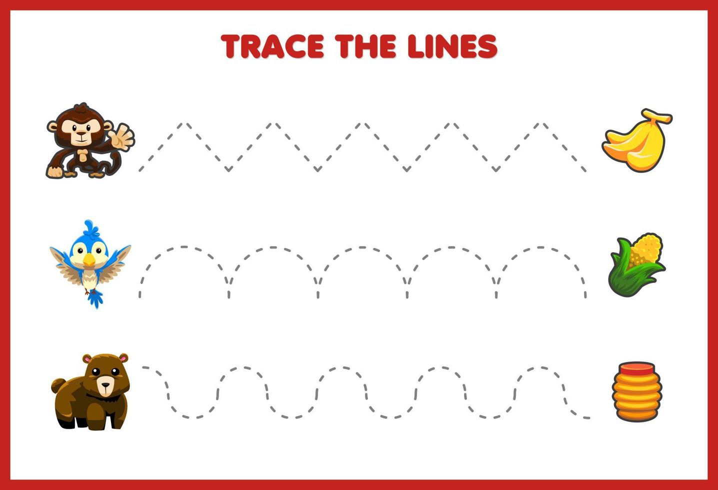 Handwriting Practice Trace the Lines Cute Animals looking for food vector