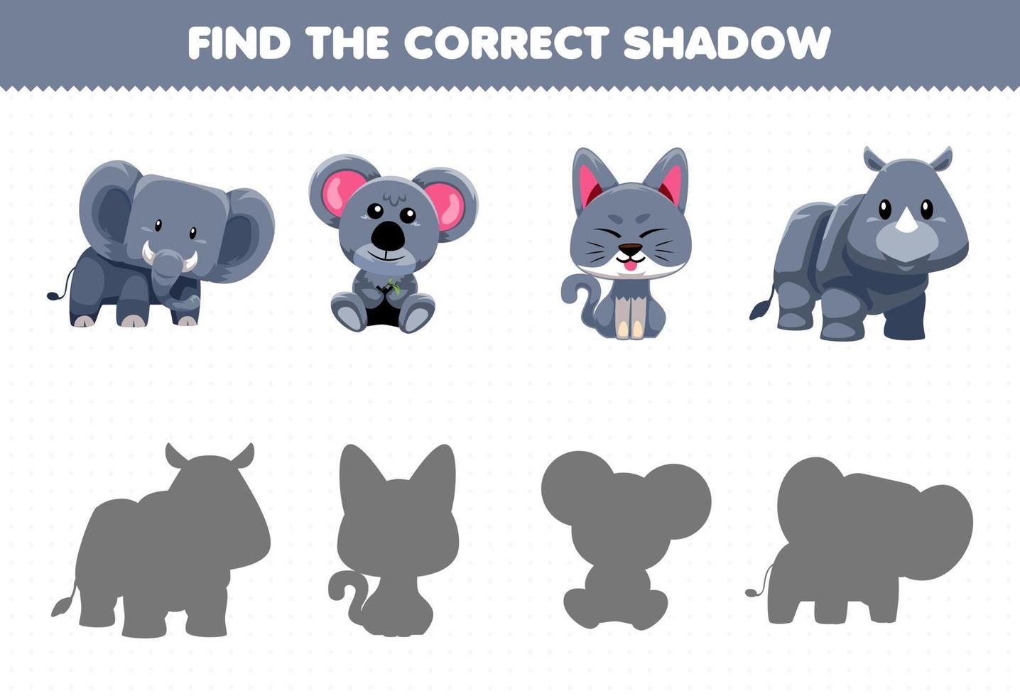 Education game for children find the correct shadow set of cute grey animal vector