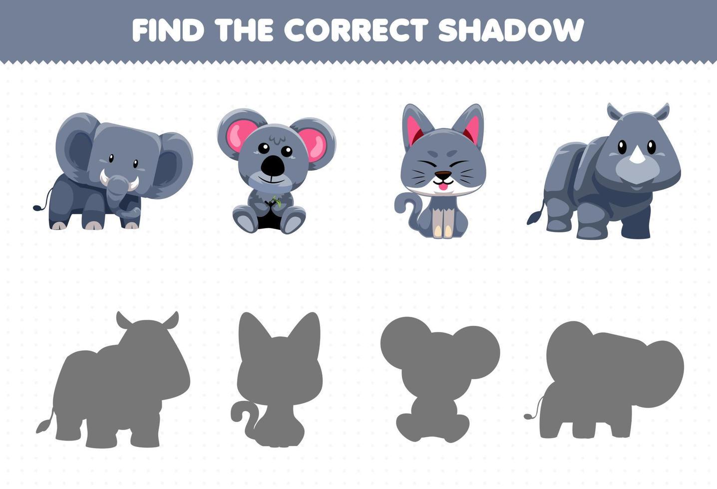 juego educativo para niños encuentra el juego de sombras correcto de lindo animal gris vector