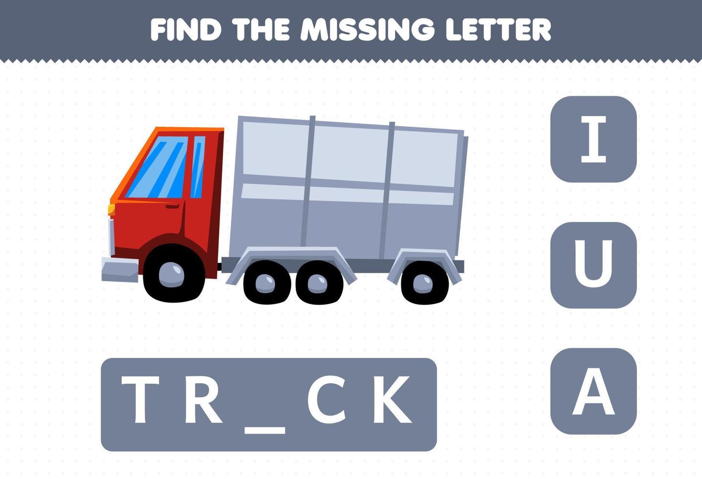 juego educativo para niños encuentra la letra faltante lindo camión de transporte vector