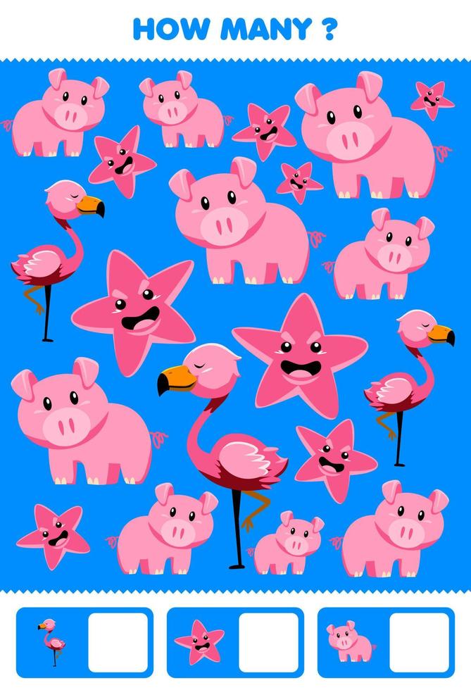 Education game for children searching and counting activity for preschool how many cute pink animal pig starfish flamingo in blue background vector