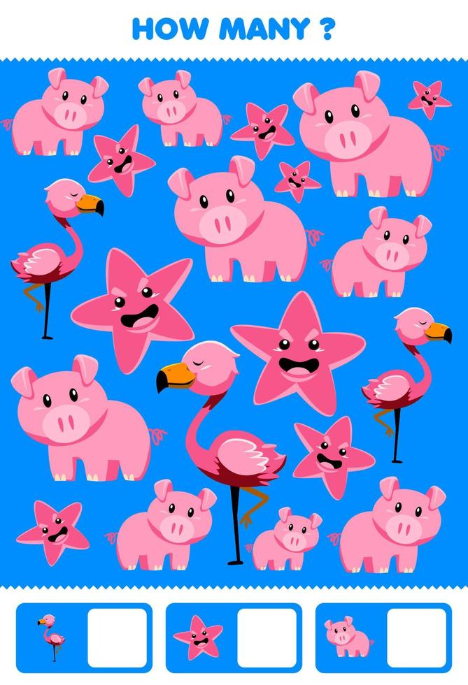 juego educativo para niños buscando y contando actividades para preescolar cuántos lindos animales rosados cerdo estrella de mar flamingo en fondo azul vector