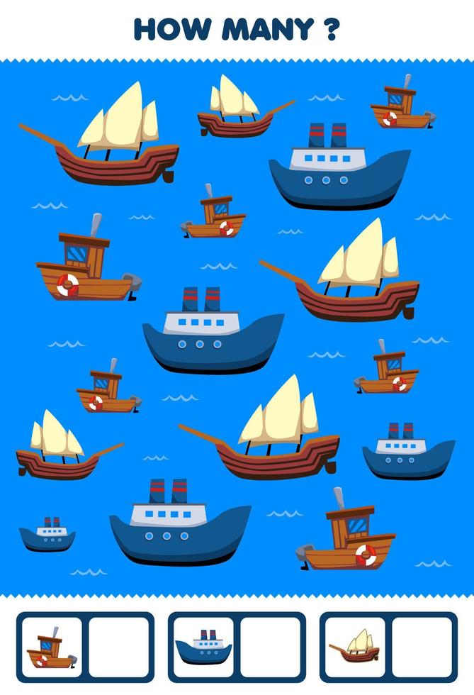 Education game for children searching and counting activity for preschool how many water transportation boat ferry ship vector